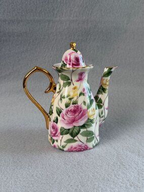 Vintage Floral Porcelain Mini Teapot With Gold Accents Pink & Yellow Rose Patter